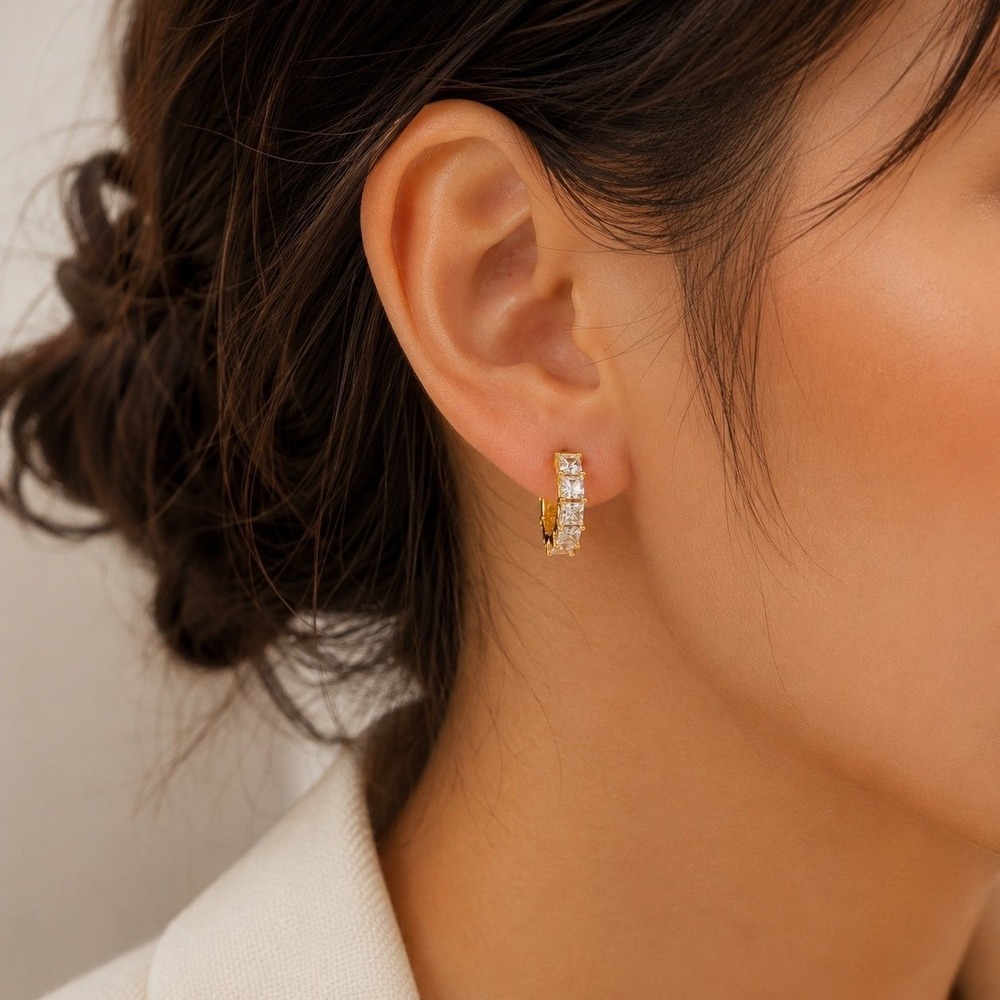Gold CZ Huggie Hoop Earrings Minimalist Dainty Crystal Hoops